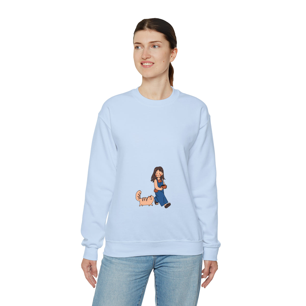 Girl Walking with Cat- Heavy Blend™ Crewneck Sweatshirt for Women