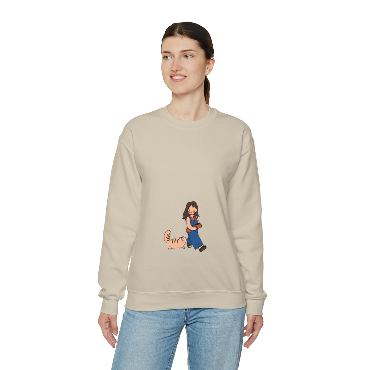 Girl Walking with Cat- Heavy Blend™ Crewneck Sweatshirt for Women