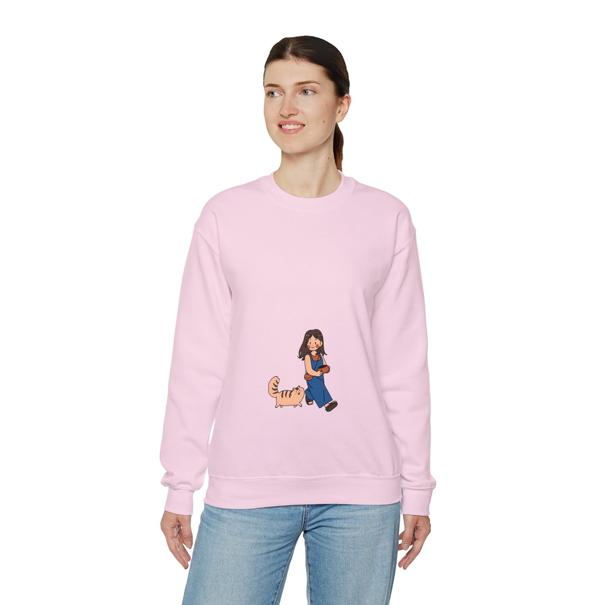 Girl Walking with Cat- Heavy Blend™ Crewneck Sweatshirt for Women