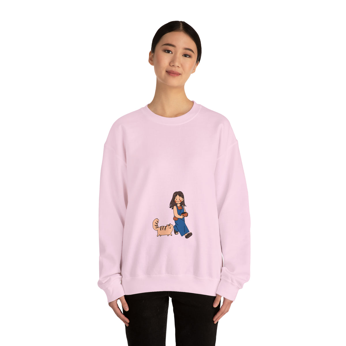 Girl Walking with Cat- Heavy Blend™ Crewneck Sweatshirt for Women