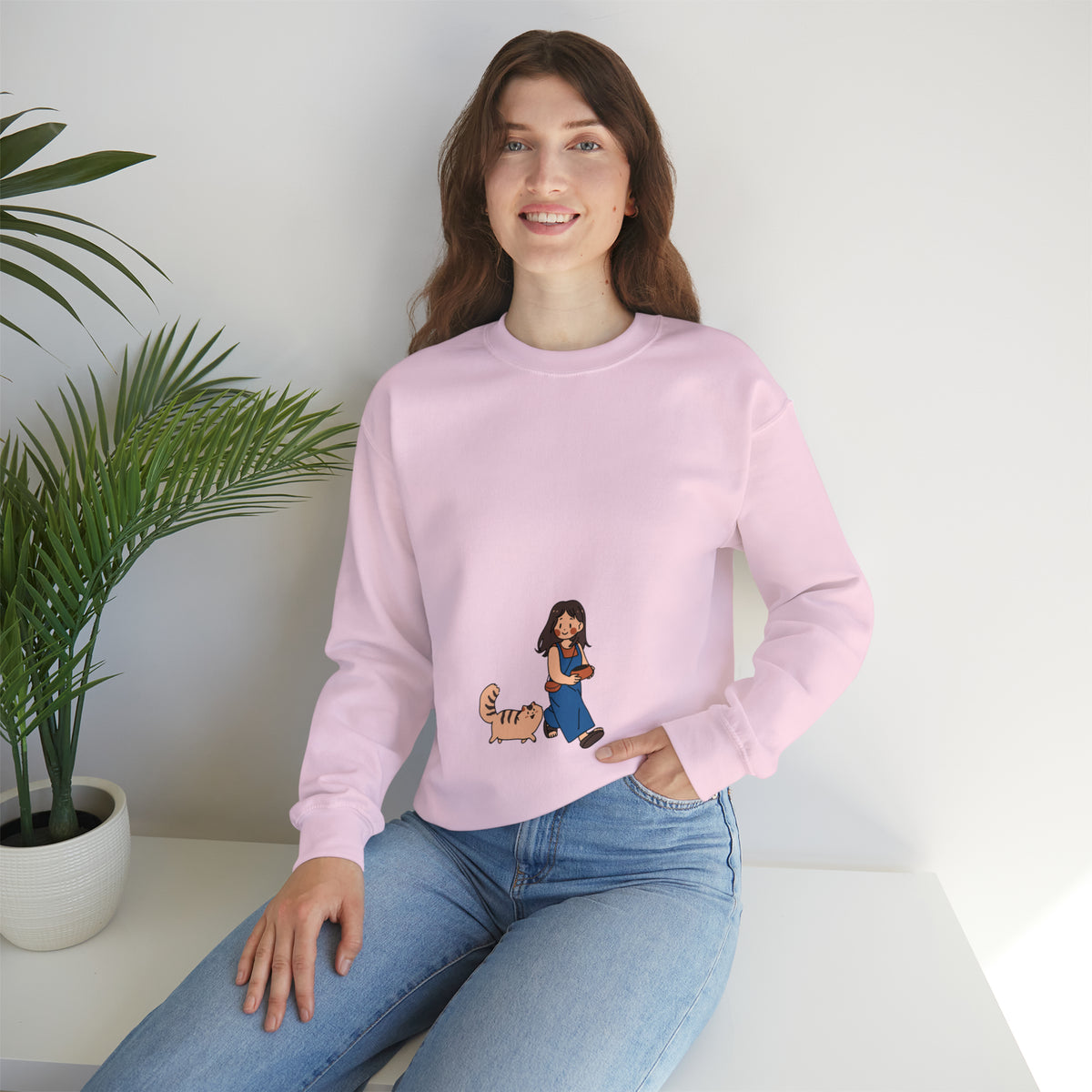 Girl Walking with Cat- Heavy Blend™ Crewneck Sweatshirt for Women