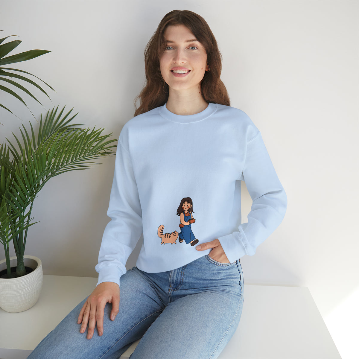 Girl Walking with Cat- Heavy Blend™ Crewneck Sweatshirt for Women