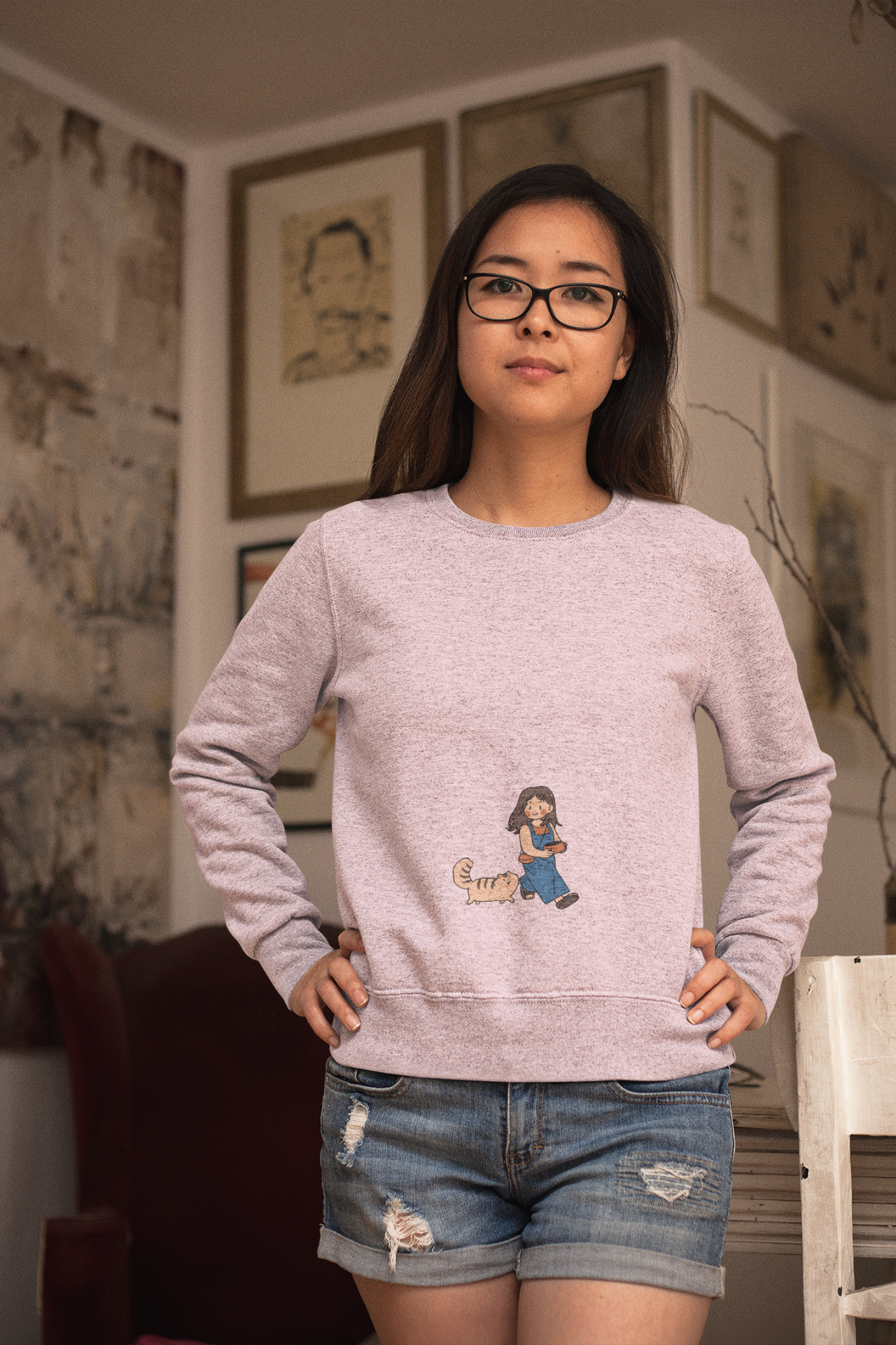 Girl Walking with Cat- Heavy Blend™ Crewneck Sweatshirt for Women